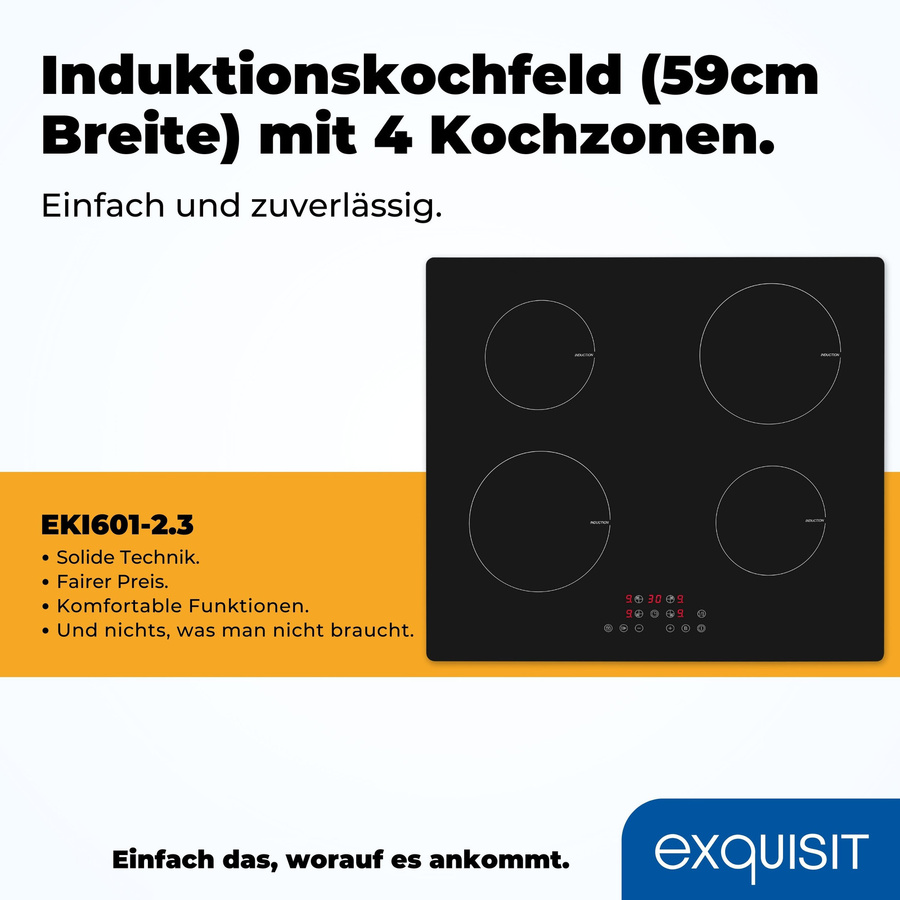 Exquisit EKI 601-2.3 Induktionskochfeld in Schwarz, Einbaukochfeld aus Glas mit Timer, Power Boost und Kindersicherung, B/T/H: 59,0 x 52,0 x 6,6 cm - Bild 3
