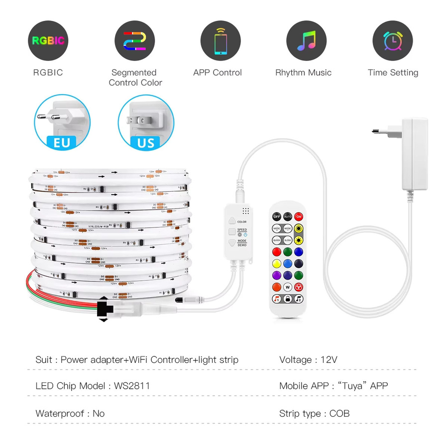 CHNAITEKE RGBIC COB LED-Lichtleiste DC12V, Multicolour, Tuya WIFI APP-Steuerung für Alexa und Google Assistant, adressierbare WS2811 Dekoration für Spielzimmer und Kinderzimmer - Bild 2