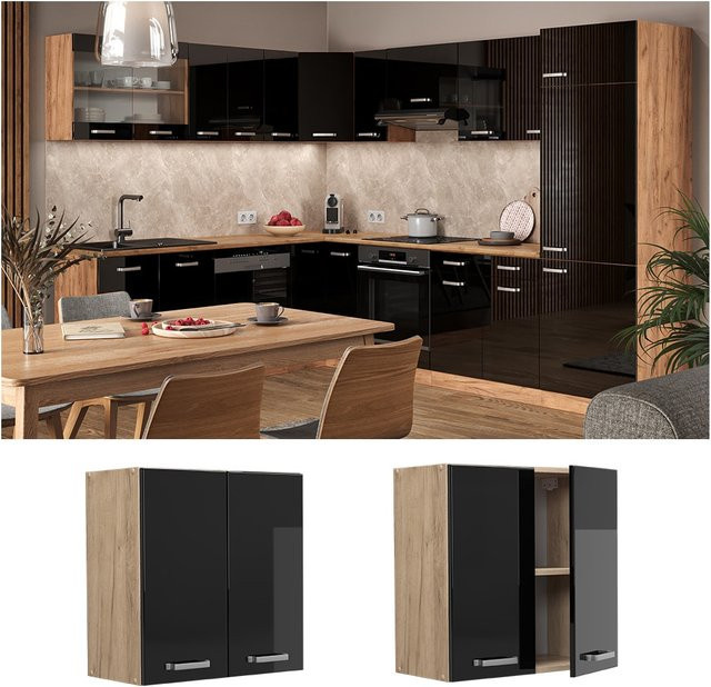 Vicco R-Line Hängeschrank Küchenschrank in Schwarz und Eiche mit Goldakzenten, Breite: 60 cm, Höhe: 60 cm, Tiefe: 31 cm - Bild 1