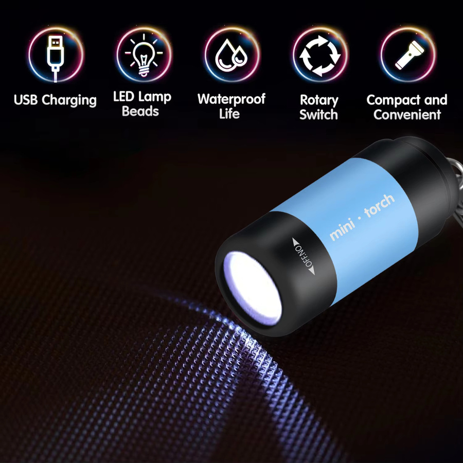 Multifunktionale Mini LED-Taschenlampe als USB-wiederaufladbarer Schlüsselanhänger in Schwarz oder Blau mit starkem Licht und wasserdichter Funktion für Outdoor, Wandern und Camping - Bild 4