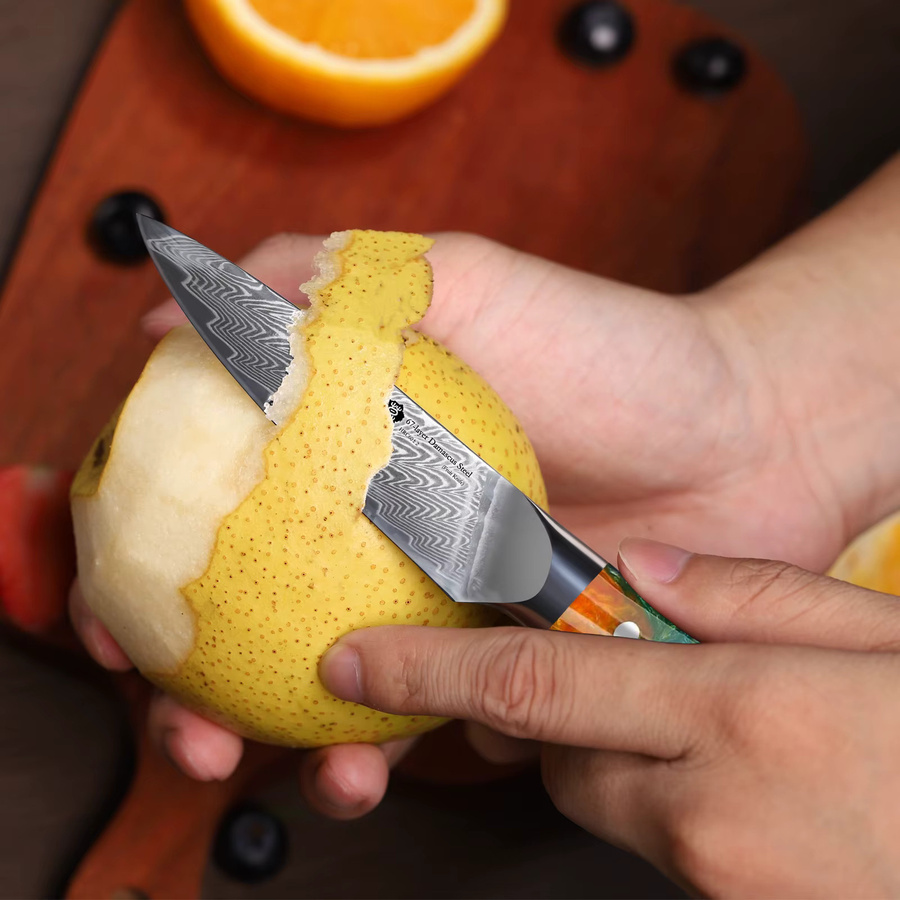 WILDMOK Damaszener Stahl Schälmesser mit orangefarbenem Harzgriff, 3,5 Zoll Paring Knife - Bild 3