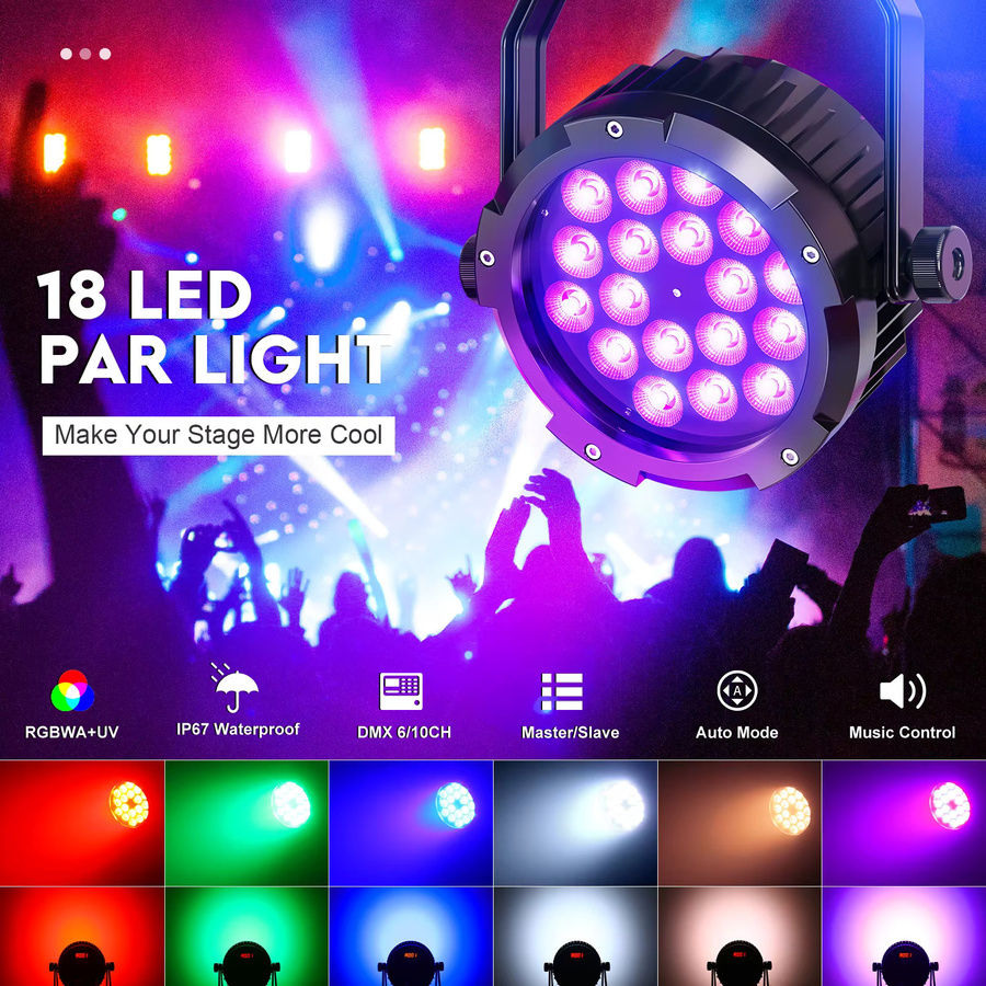 U'King 4er-Set Wasserdichte LED Par-Leuchten mit 18x10W RGBWA+UV Bühnenbeleuchtung in Schwarz für Disco, Party und DJ-Einsätze - Bild 2
