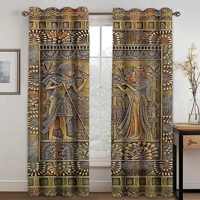 Your Warm Home Retro Barock Fenstervorhänge im ägyptischen Pharaonen-Stil, 2er-Set, Gold, B: 50 cm, H: 130 cm - Bild 1