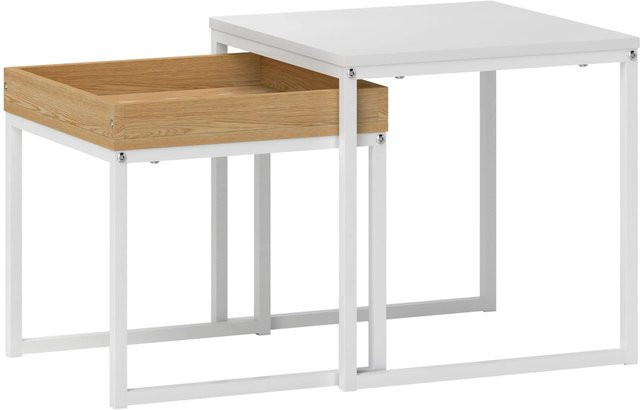 HOMCOM 2er-Set Couchtisch Eckiger Beistelltisch in Weiß mit Eichenholzmaserung für dein Wohnzimmer - Bild 1