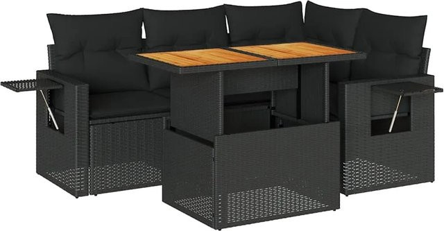 vidaXL 5-tlg Garten-Sofagarnitur in L-Form aus schwarzem Poly-Rattan mit Kissen und Akazienholz - Bild 1