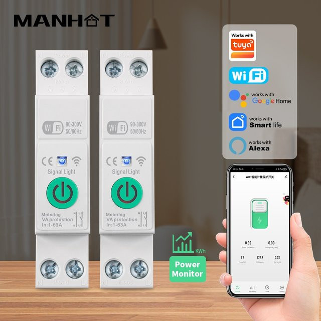 Manhot Tuya WiFi Smart Circuit Breaker 1P+N 63A mit Timer und Stromzähler in Weiß - Bild 1