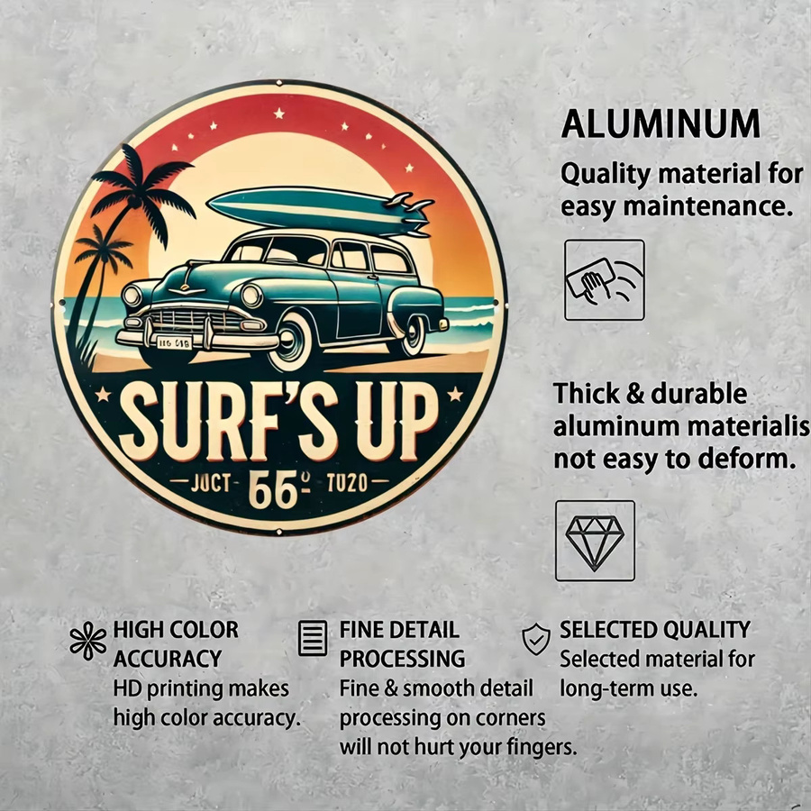 Potdemiel Vintage Surf's Up Rundes Metallschild Retro Stranddekoration aus Aluminium, Durchmesser: 20 cm, Mehrfarbig - Bild 5