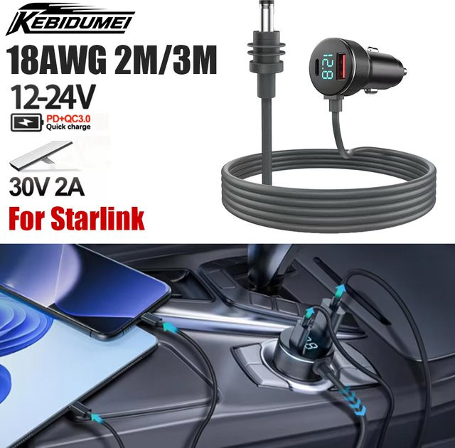 kebidumei Starlink Ladegerät Mini mit USB-C Typ-C Zigarettenanzünder QC PD 12V-24V Autoladegerät und digitalem Voltmeter, Schwarz, Wasserdichtes Verlängerungskabel - Bild 1