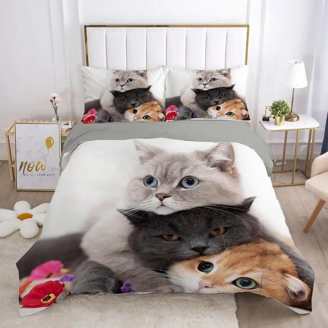 Katzen-Bettwäsche-Set von Your Warm Home mit Kätzchen-Print, weiß, Polyester, B/H: 173 x 218 cm, 2-teilig - Bild 1