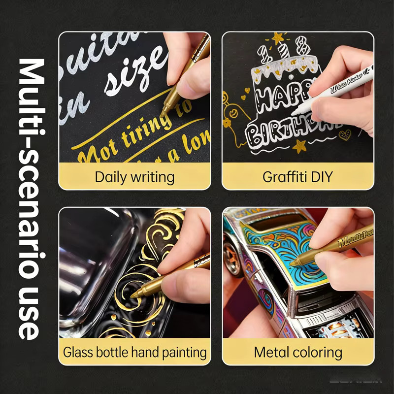 kissbuty Metallic-Markerstifte Set mit 6 Stück in Gold, Silber und Weiß, permanente Stifte mit Bullet-Spitze für Metall, Steinmalerei und schwarzes Papier - Bild 5