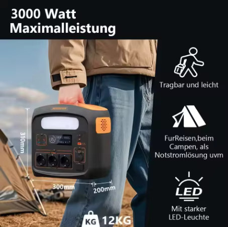 Necespow N1200 Tragbare Powerstation mit 1002,5Wh LiFePO4-Batterie, 1800W Ausgangsleistung und 3000W Spitzenleistung, Schwarz, inklusive USB-C PD100W - Bild 2