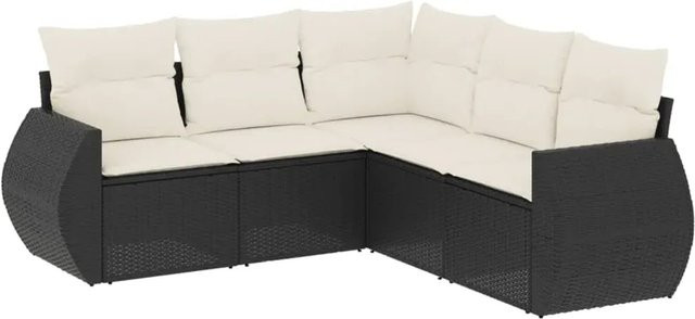 vidaXL 5-teilige Garten-Sofagarnitur in L-Form aus schwarzem Poly-Rattan mit cremeweißen Kissen und Stauraum - Bild 1