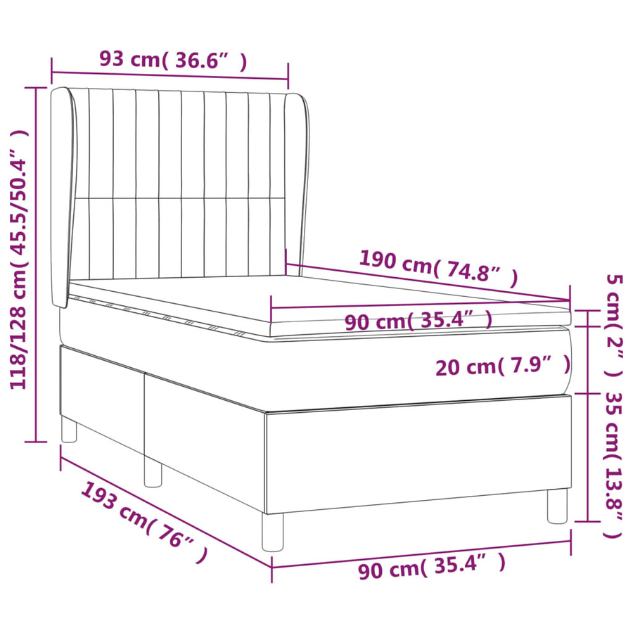 vidaXL Boxspringbett Hybrid mit Matratze, Farbe Taupe, B/T/H: 90 x 190 x 128 cm - Bild 2