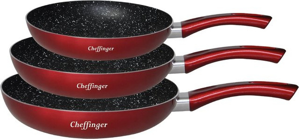 3er-Set Bratpfannen von Cheffinger mit Antihaftbeschichtung und Keramikbeschichtung in Rot, spülmaschinenfest