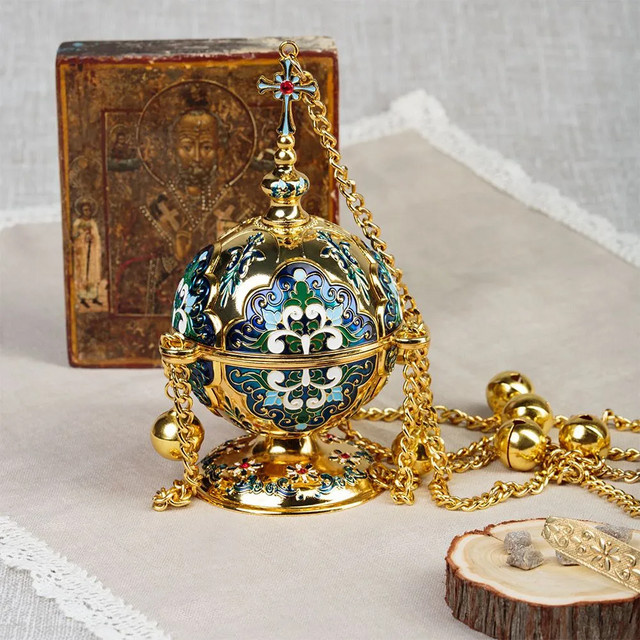HTISOK Orthodoxes Kirchenräuchergefäß aus Metall in Gold mit Kreuz zum Aufhängen - Bild 1