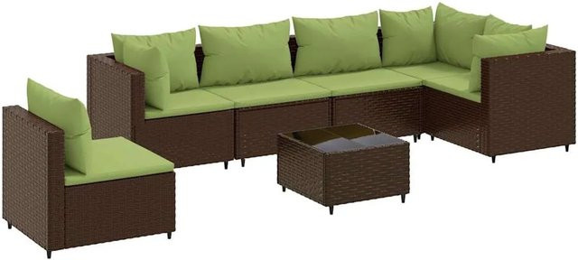 vidaXL 7-tlg. Garten-Lounge-Set in L-Form aus PE-Rattan mit Kissen, Braun und Grün - Bild 1
