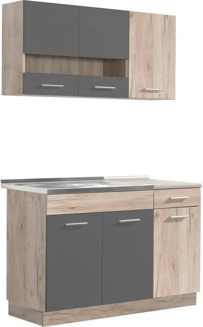 Homestyle4u Küchenzeile modern in Eiche Matt mit Glastüren und Grau, B: 120 cm, T: 60 cm, H: 84 cm - Bild 1