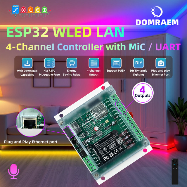 DOMRAEM 4CH ESP32 Ethernet DIN-Schienen-WLED-Controller für adressierbare WS281X RGBIC LED-Streifen mit WiFi und Musik-Sync, 30A (4x 7,5A Sicherung), DC 5-24V - Bild 1