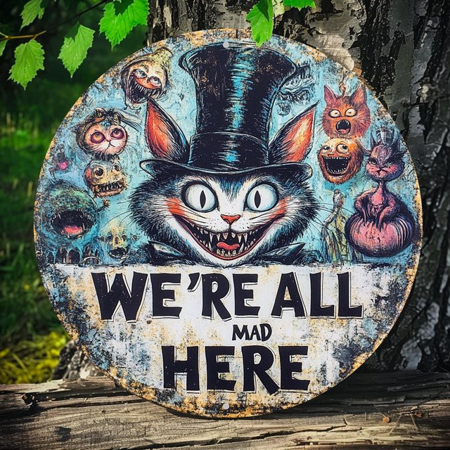Potdemiel Rundes Aluminiumschild Vintage Grinsekatze We're All Mad Here Wandkunst Mehrfarbig Durchmesser: 20,32 cm - Bild 1