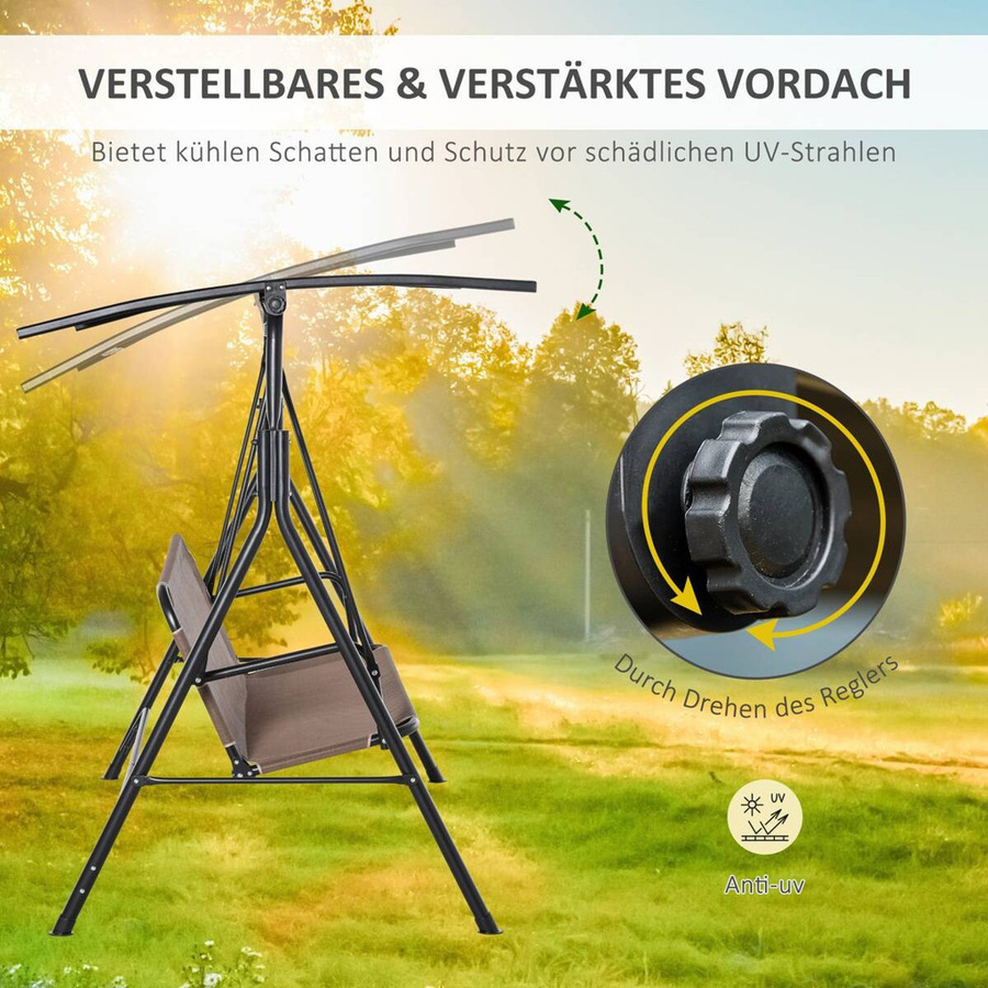 Outsunny Hollywoodschaukel 2-Sitzer in Braun mit verstellbarem UV-beständigem Vordach aus Textilene und Polyester, B/H/L: 110 x 155 x 200 cm - Bild 3