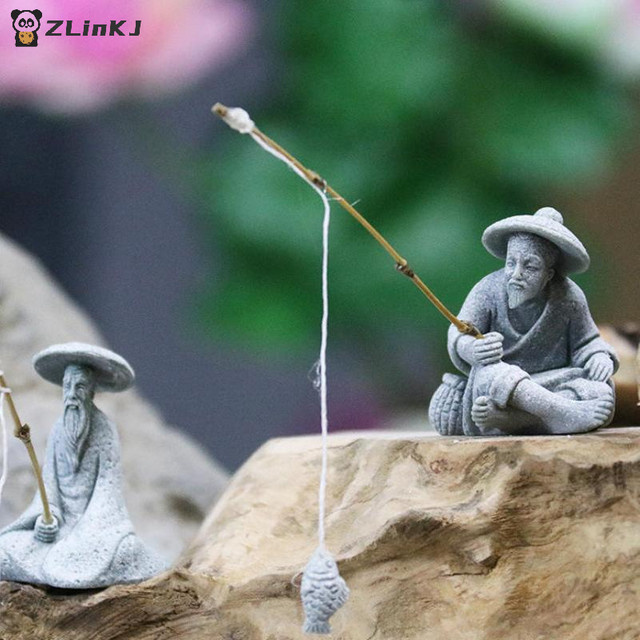 JETTING Mini-Fischer-Statue aus Sandstein in Grau als asiatische Zen-Dekoration für Aquarium und Garten - Bild 1