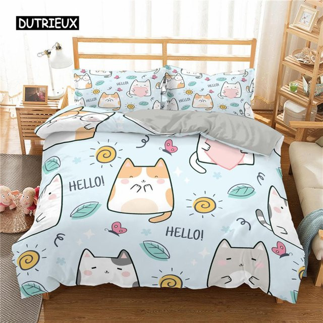 Bettwäscheset mit Katzen- und Cartoon-Kätzchen-Aufdruck von Binchi Outdoor Product in Blau, bestehend aus Bettbezug und Kissenbezug, B/H: 150 x 200 cm - Bild 1