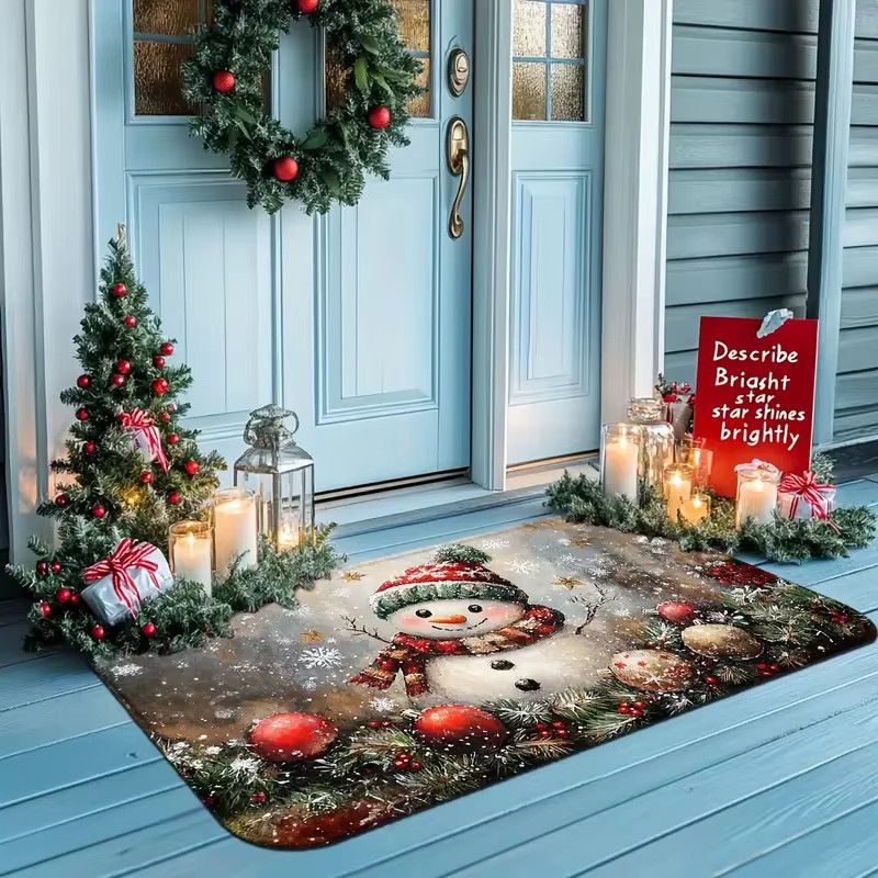 VIKAMA Weihnachts-Fußmatte mit Schneemann, Stechpalme und Beeren, maschinenwaschbarer Druckteppich für die Weihnachtszeit - Bild 3