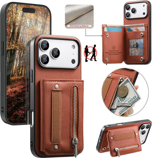 Flip RFID Wallet Lederhülle mit Handgelenkschlaufe und Kartenhalter für iPhone Modelle in Blau oder Braun - Bild 1