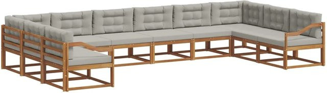 vidaXL Outdoor-Sofagarnitur aus massivem Akazienholz in U-Form, 10-teiliges Set in Natur und Hellgrau mit wetterfesten Kissen - Bild 1