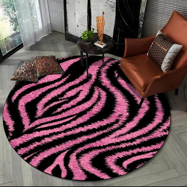 Runder Teppich mit buntem 3D-Zebrastreifenmuster von Living Need F, rutschfest und waschbar, Durchmesser: 80 cm, Farbe: Mehrfarbig/Pink - Bild 1