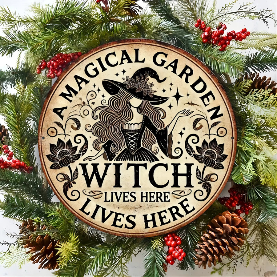 Potdemiel Rundes Metallschild Magical Garden Witch Lives Here in Vintage-Optik mit Blumenmuster, Durchmesser: 20,32 cm - Bild 5