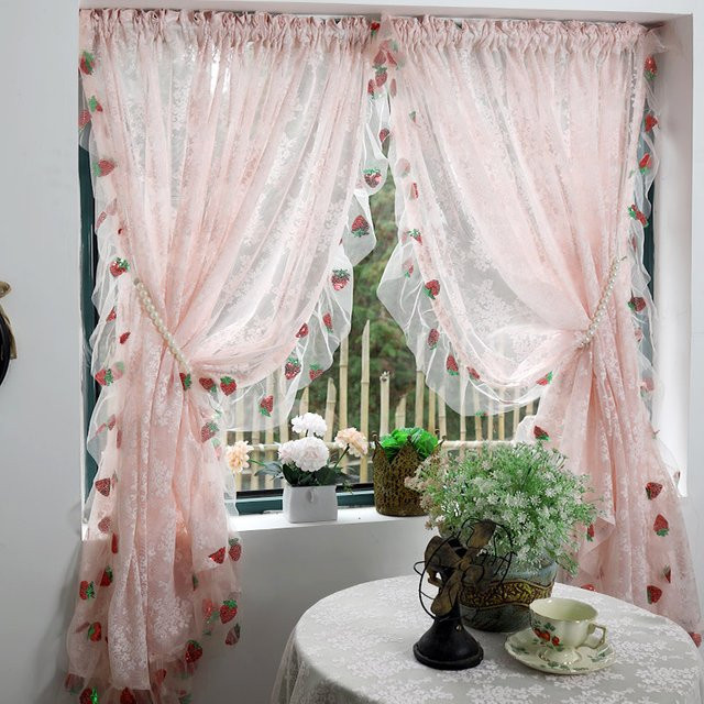 WPKIRA Spitzenvorhang Rosa mit Erdbeer-Pailletten und floralem Design für Wohnzimmer und Schlafzimmer B: 120 cm, H: 100 cm - Bild 1
