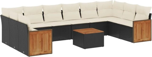 vidaXL 11-tlg. Garten-Sofagarnitur in U-Form aus Poly-Rattan und Akazienholz mit Kissen in Schwarz-Creme - Bild 1