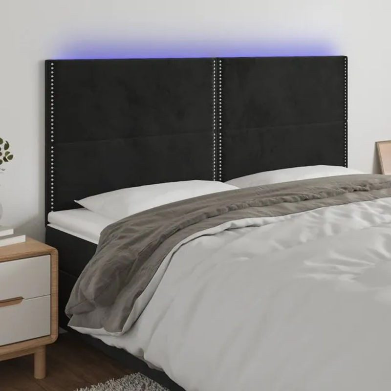 Vidaxl Bettkopfteil mit LED aus Samt in Schwarz, B: 180 cm, H: 118 bis 128 cm, T: 5 cm - Bild 1