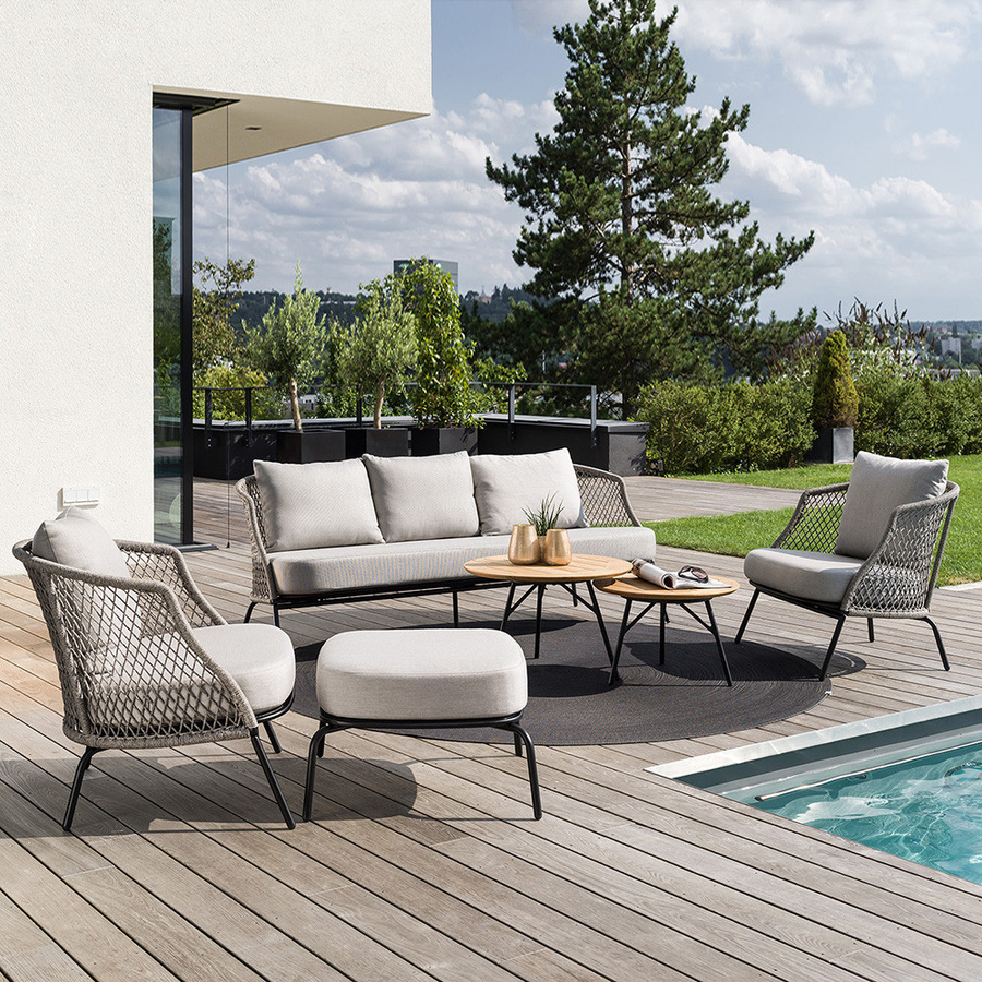 Stern Lounge-Sessel Odea aus Aluminium in Schwarz Matt mit Kordel in Salt und Kissen aus Outdoorstoff in Cream - Bild 2