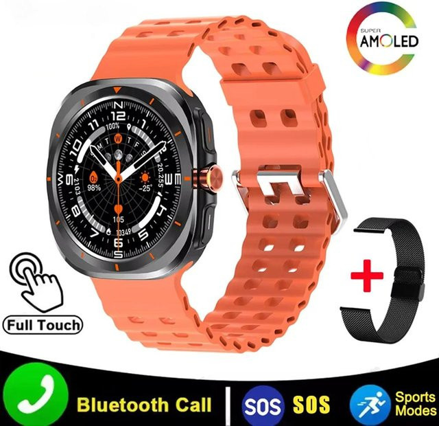 Happy World Electronics Watch 7 Ultra Smartwatch mit 1,52 Zoll AMOLED-Bildschirm, Bluetooth-Anruf, Sprachassistent und Herzfrequenzmesser, Orange mit Metallarmband - Bild 1