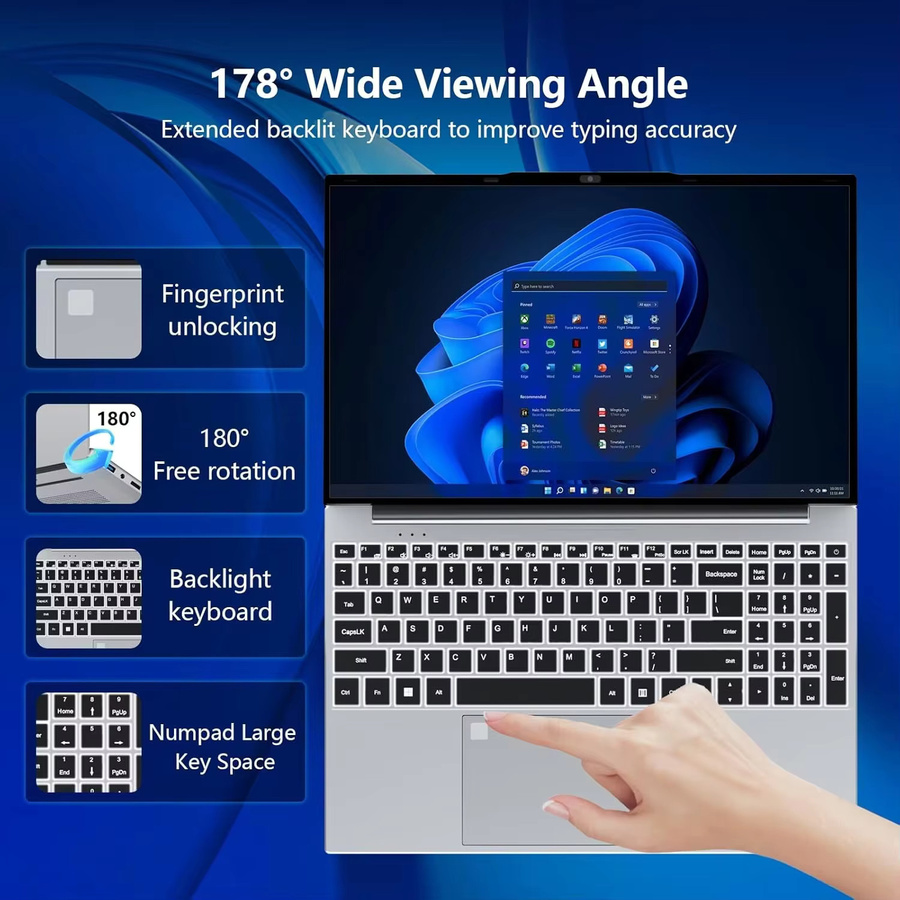 FUCHU Gaming-Laptop mit Intel I9-9900, 15,6 Zoll Display, Windows 11, Hintergrundbeleuchtung und Fingerabdruck-Sensor, Silber - Bild 2