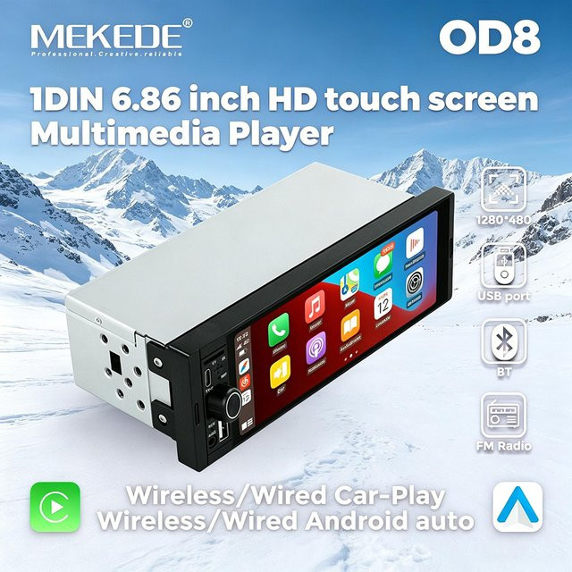 MEKEDE OD8 1DIN MP5 Autoradio mit 6.86 Zoll IPS Touchscreen, Wireless Carplay und Android Auto, Multimedia Player in Schwarz mit USB-C und AUX - Bild 1