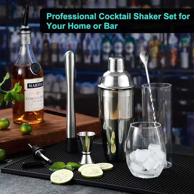 Kemorii Cocktail Shaker Set aus Edelstahl in Silber, 6 oder 9 Stück Barkeeper Kit mit Martini Shaker und Drink Mixer für runde Gefäße - Bild 3