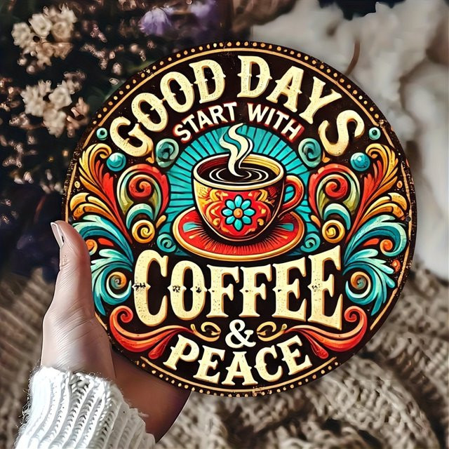 Potdemiel Vintage-Metallwandkunst Coffee & Peace, runder Retro-Kranzdekor mit Kaffeetassen-Design und floralem Muster, Mehrfarbig, Durchmesser: 20,3 cm - Bild 1