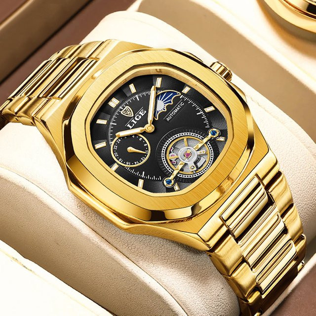 LIGE Armbanduhr Automatik, Edelstahl, Schwarz, Herren - Bild 1