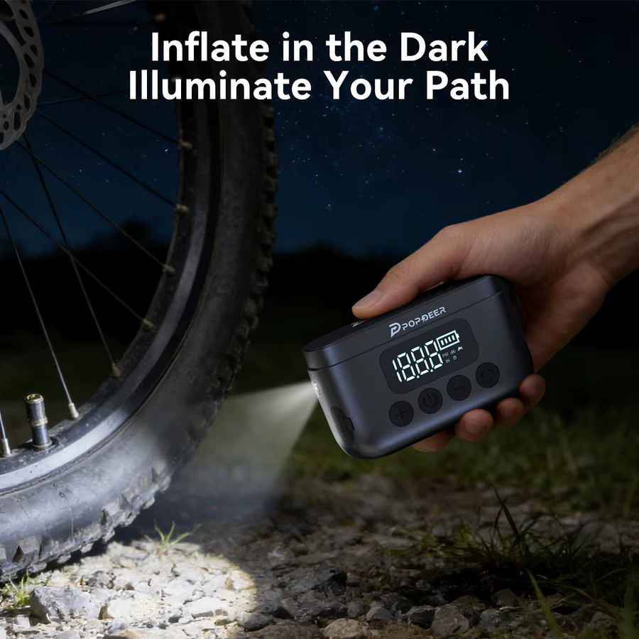 POPDEER P-T01 Mini Tragbare Elektrische Pumpe für Fahrrad und Motorrad, 150PSI, Schwarz, mit Presta- und Schrader-Ventil, 1000mAh Akku, Licht & LCD-Display - Bild 6