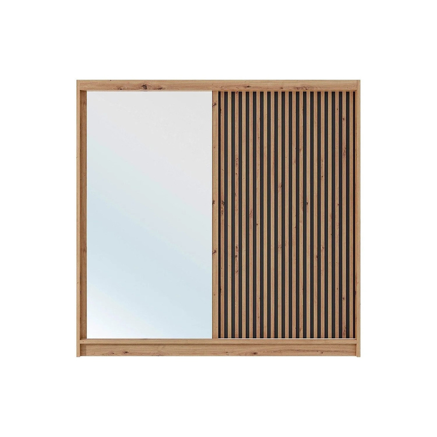 Calowi Kleiderschrank mit Schiebetüren und Spiegel in Natur, Schwarz und Beige, B: 203 cm, H: 215 cm, T: 60,5 cm - Bild 2