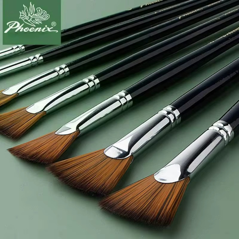 PHOENIX Künstlerbedarf Fächerpinsel Set aus Schweineborsten und Nylon mit langem Griff für Aquarell und Kunststudien - Bild 2