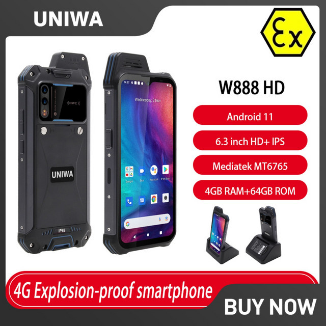 UNIWA W888 ATEX Explosionsgeschütztes Android Smartphone mit Walkie Talkie Funktion, 6,3 Zoll HD Display, 64GB Speicher, 4GB RAM, NFC, IP68, Schwarz - Bild 1