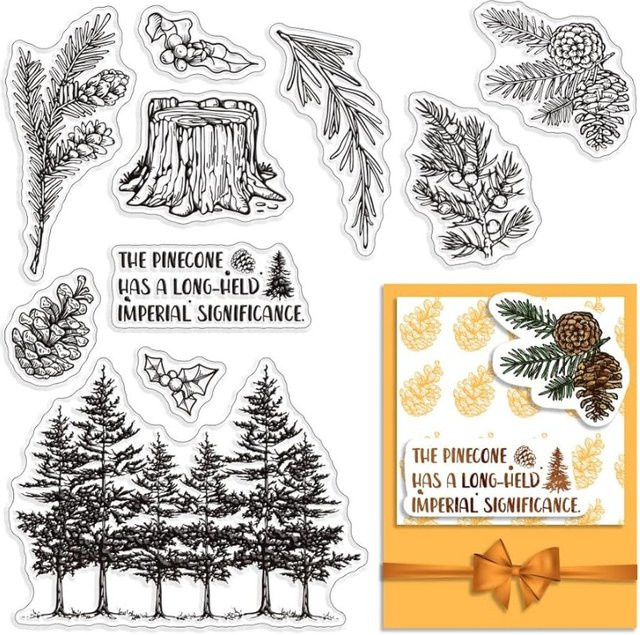 Transparenter Silikonstempel mit Kiefernzapfen und Tannenbaum Motiv für Vintage-Poststempel - Bild 1