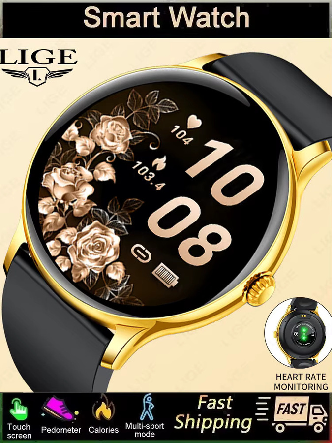 LIGE Smartwatch, Damen, 1,38 Zoll, Schwarz, Silikon - Bild 7