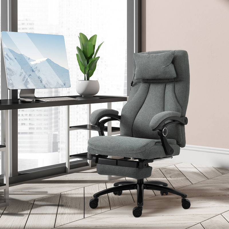 Vinsetto Massage Bürostuhl mit Liegefunktion und Armlehnen, ergonomischer Chefsessel aus Leinenstoff, Grau, Aosom - Bild 2
