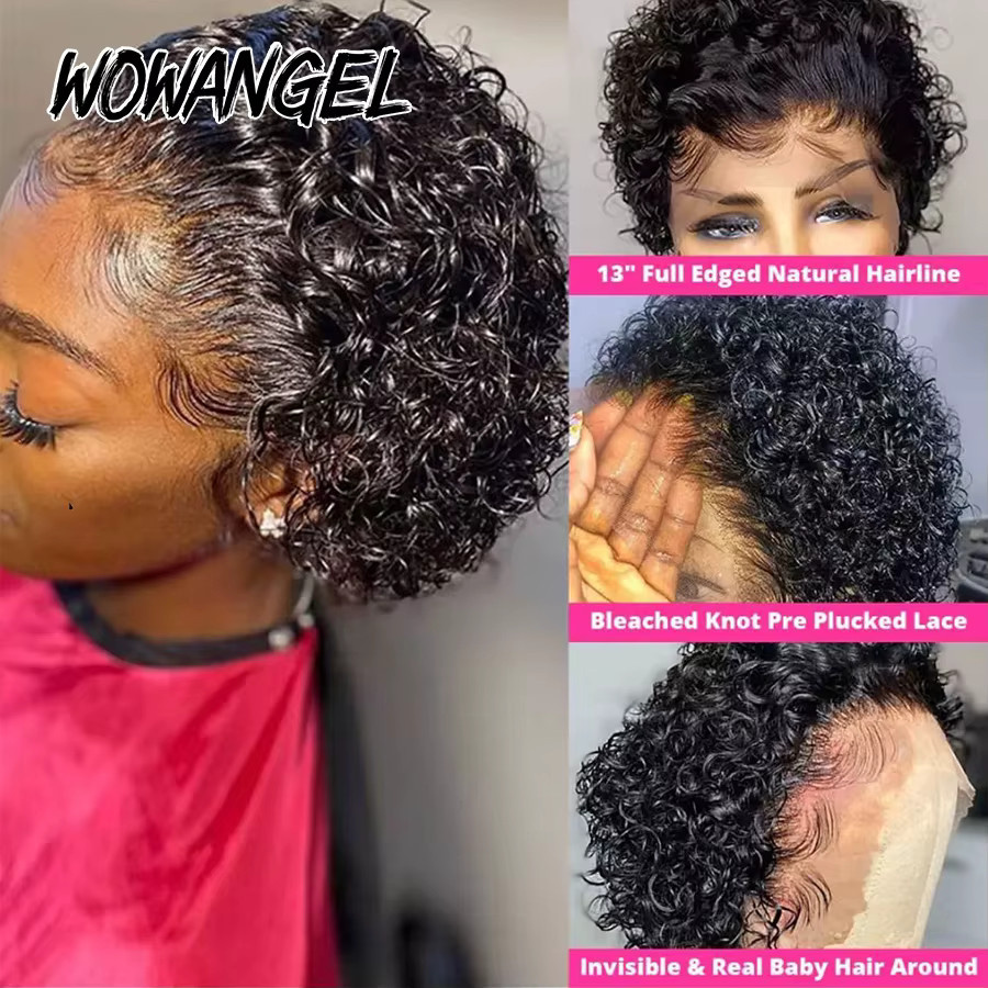 Wow Angel Pixie-Schnitt-Perücke, lockig, Echthaar, 13 x 4 HD-Spitzenfront - Bild 2