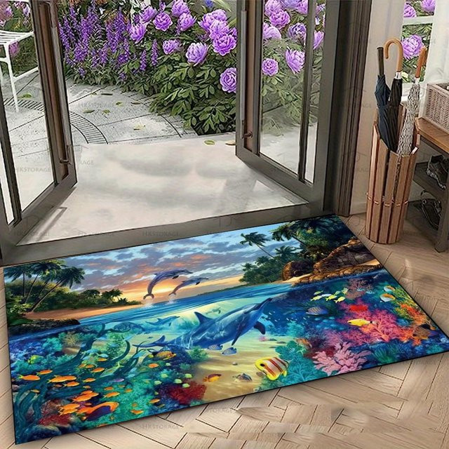 Rutschfeste Fußmatte Lodestar mit Ozeanszene aus Delfinen, Walen und Regenbogen, B/B: 60 x 40 cm, Mehrfarbig - Bild 1